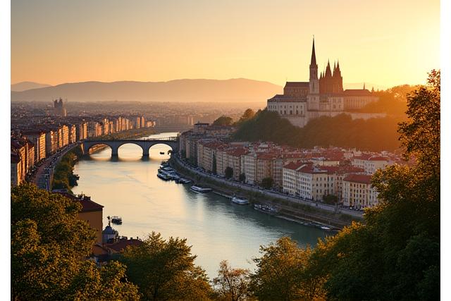 Vue panoramique de Lyon avec la Basilique de Fourvière et la Saône, au lever ou coucher du soleil.