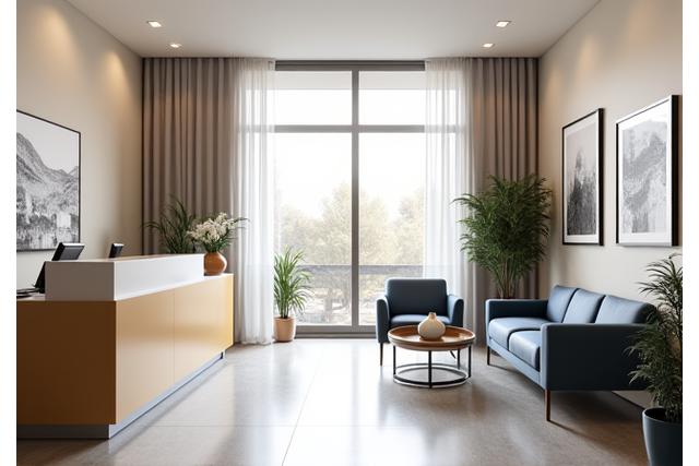 Intérieur moderne du bureau de Luciole Logis à Lyon avec un design élégant et professionnel, lumière naturelle