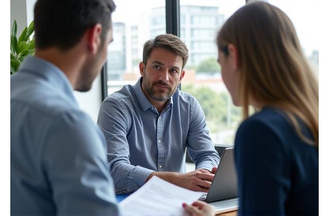 Agent immobilier et propriétaire discutant plan de gestion de propriété